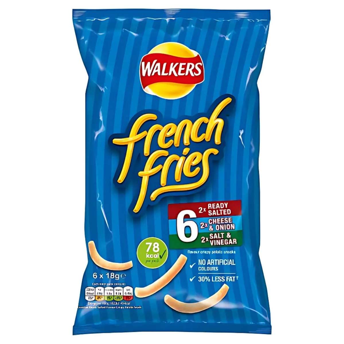 The Walkers - French Fries Flavour Crispy Potato Snacks pack includes six 18g packs in blue packaging with flavors like Ready Salted, Cheese & Onion, and Salt & Vinegar. Each pack contains 78 kcal, has no artificial colors, and offers 30% less fat.