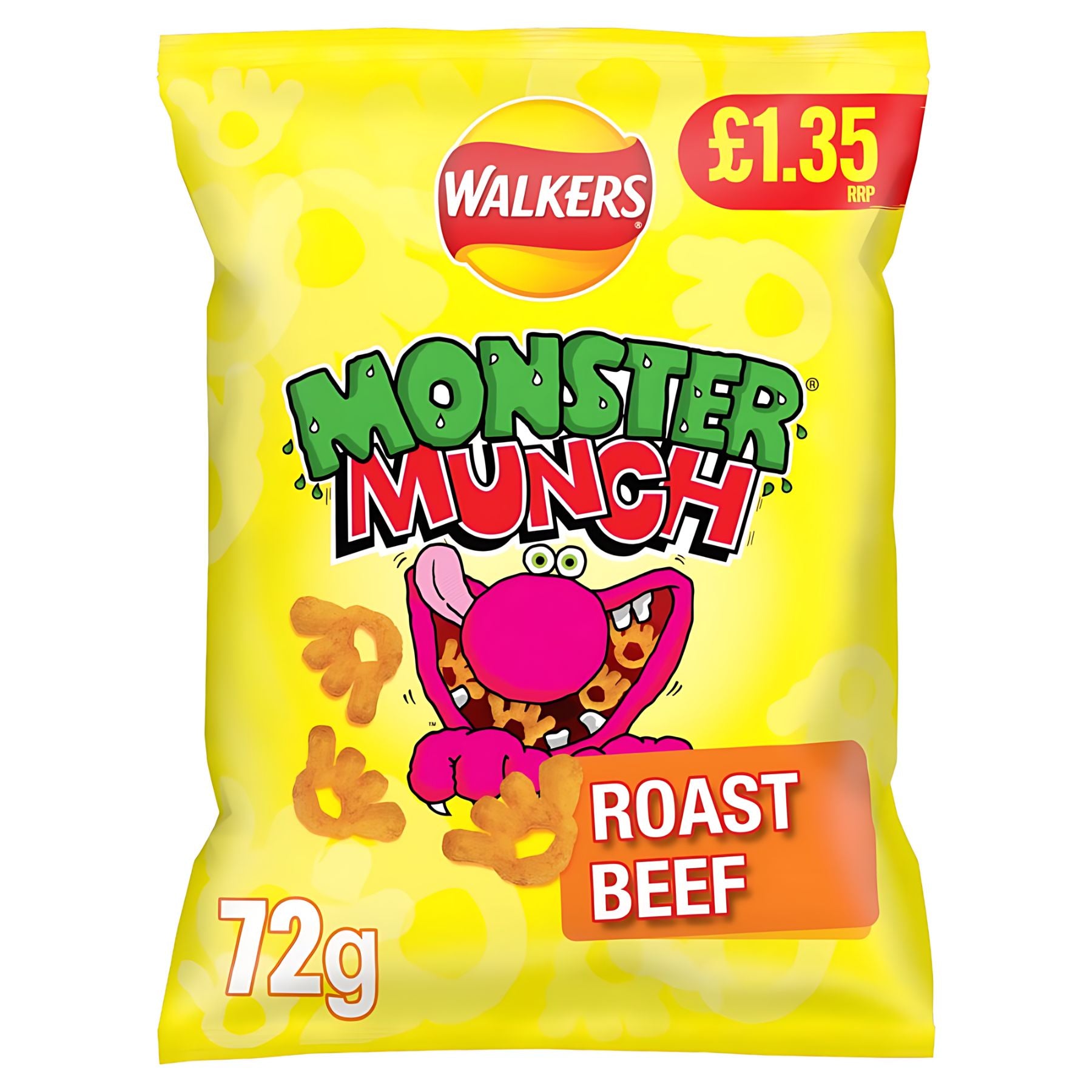 A 72g bag of Walkers - Monster Munch Roast Beef, featuring a yellow pack with a cartoon monster. Suitable for vegetarians. Price marked at £1.35.