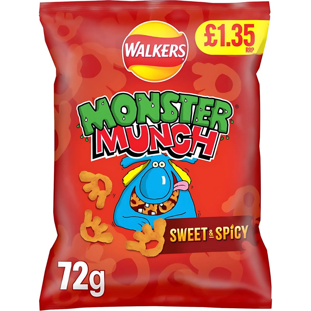 A 72g bag of Walkers Monster Munch Sweet & Spicy baked snacks, featuring a cartoon blue monster on a red background with a £1.35 price label. Suitable for vegetarians.