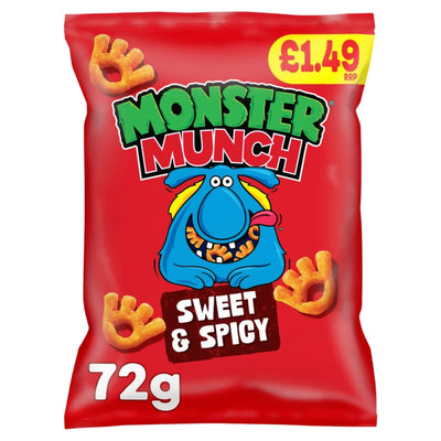 A 72g bag of Monster Munch Sweet & Spicy snack chips on a plain white background. The packaging is bright red with a yellow price sticker showing '£1.49'.