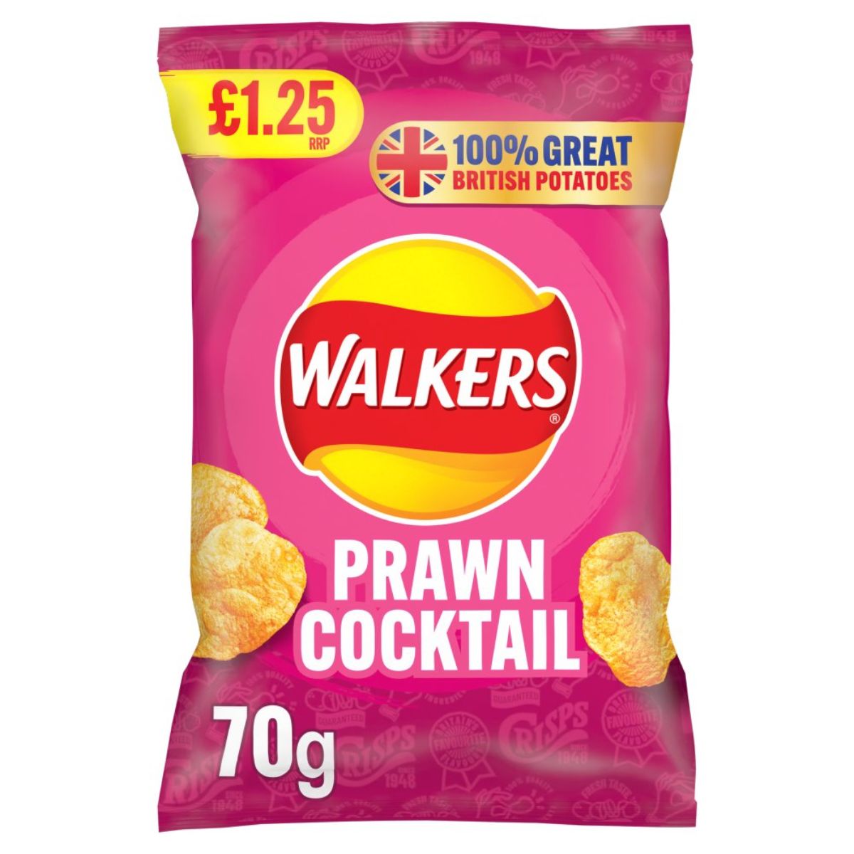 A 70g pack of Walkers - Prawn Cocktail Crisps is available for £1.25. The crisps come in pink packaging featuring a British flag, highlighting their production from 100% great British potatoes. They are sustainably sourced to ensure freshness and are suitable for vegetarians.