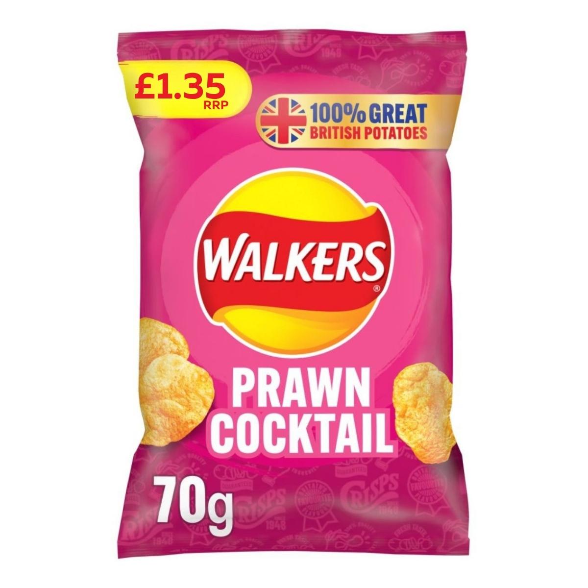 A 70g bag of Walkers Prawn Cocktail Crisps made from British potatoes, featuring a pink background and £1.35 RRP.