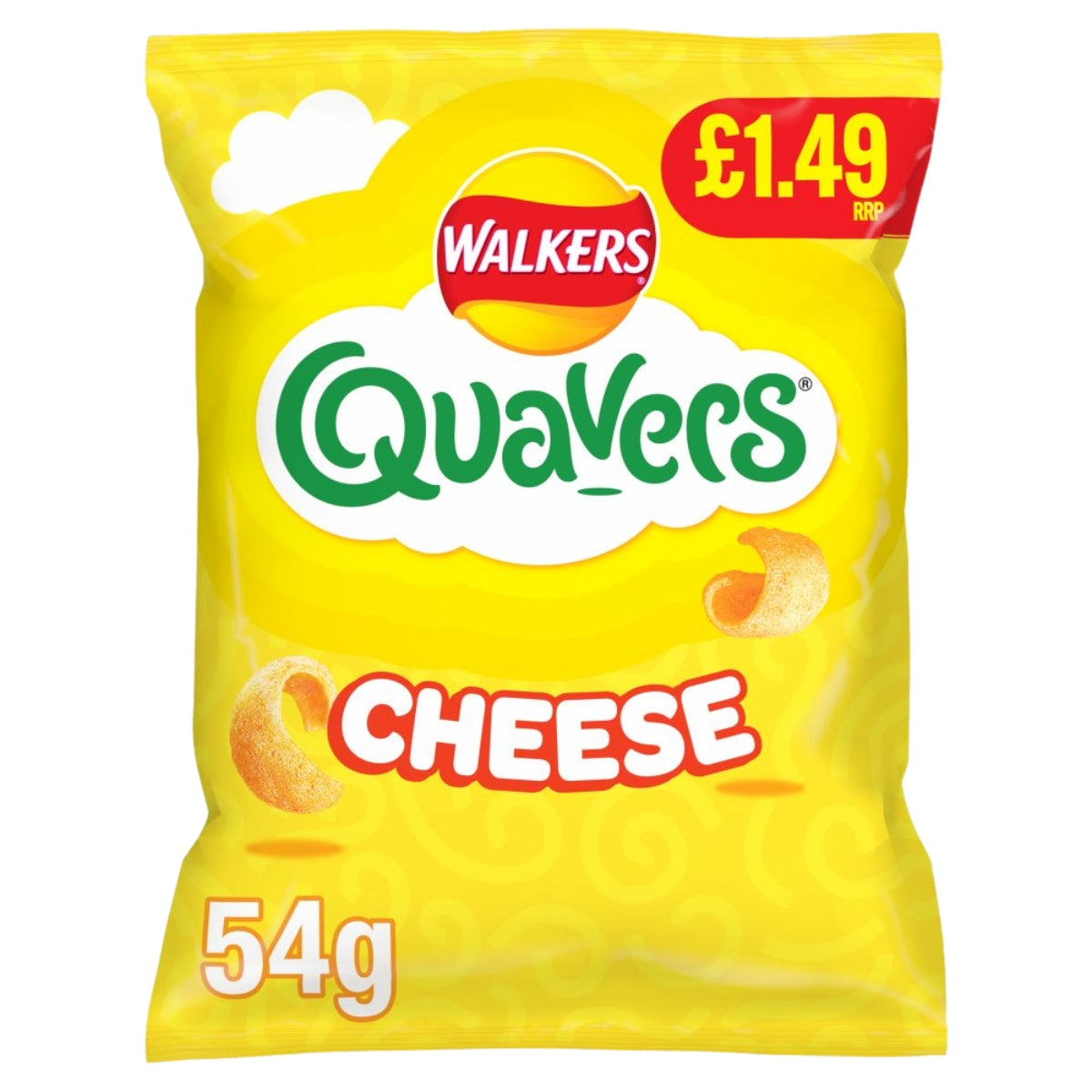 A 54g bag of Walkers Quavers Cheese crisps on a plain white background. The packaging is bright yellow with the green 'Quavers' logo, a red 'WALKERS' logo, and a red price sticker showing '£1.