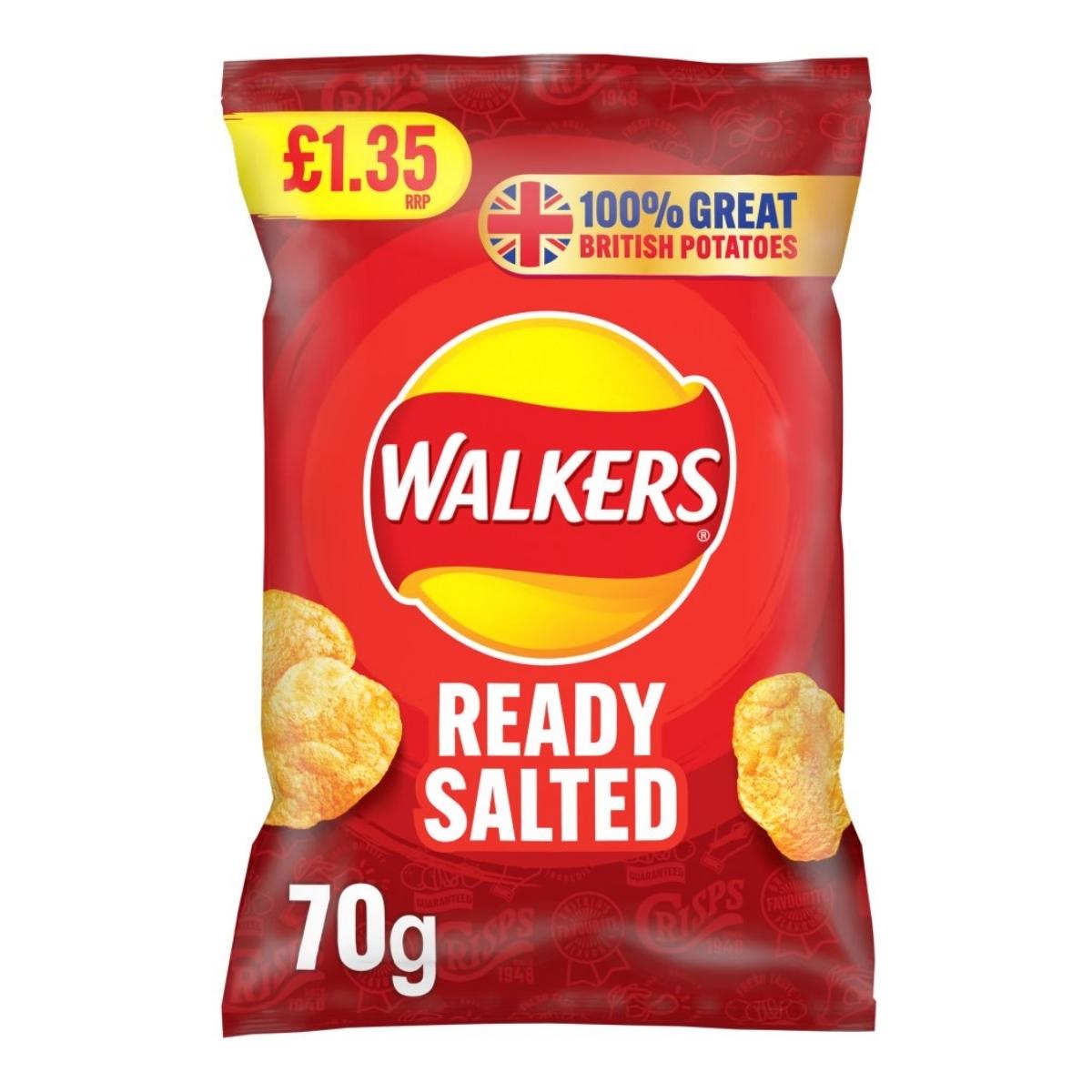 Walkers Ready Salted Crisps 70g, price marked at £1.35, in red packaging, made from quality ingredients and 100% British potatoes. Suitable for vegetarians.