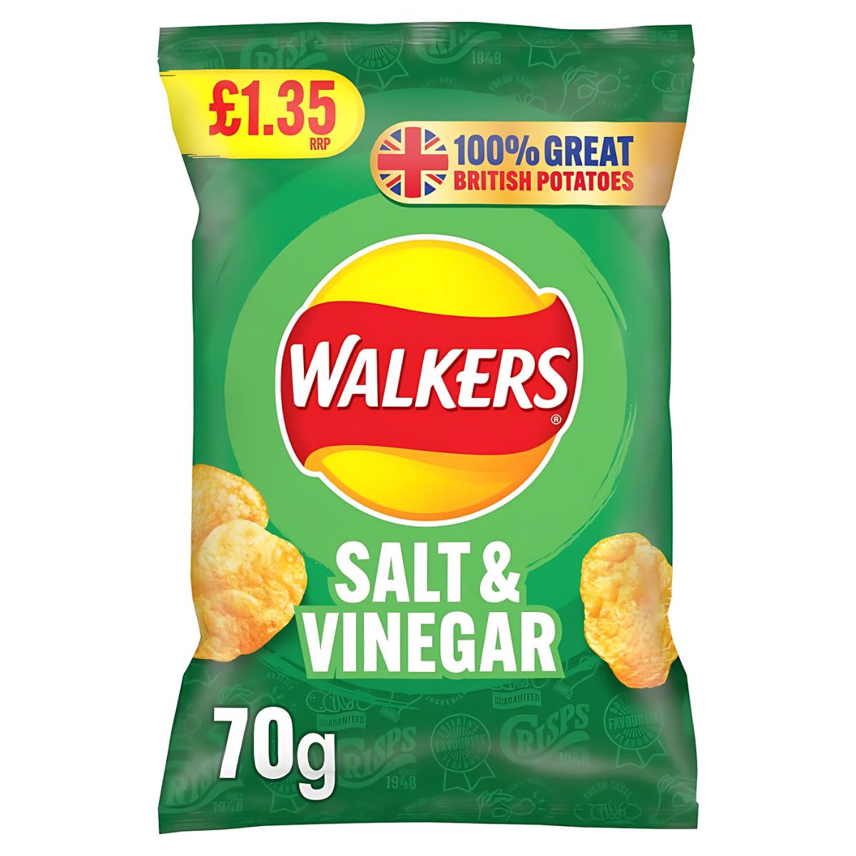 A 70g bag of Walkers - Salt & Vinegar Crisps, priced at £1.35 and made from 100% great British potatoes, is a classic snack in green packaging for crisp lovers.
