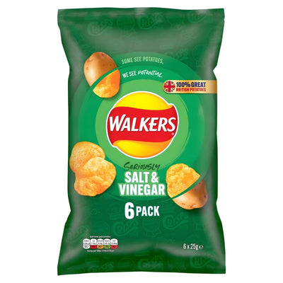 A green bag of Walkers Salt & Vinegar Multipack Crisps (6x25g), with branding, crisp images, and 100% British potatoes mentioned.
