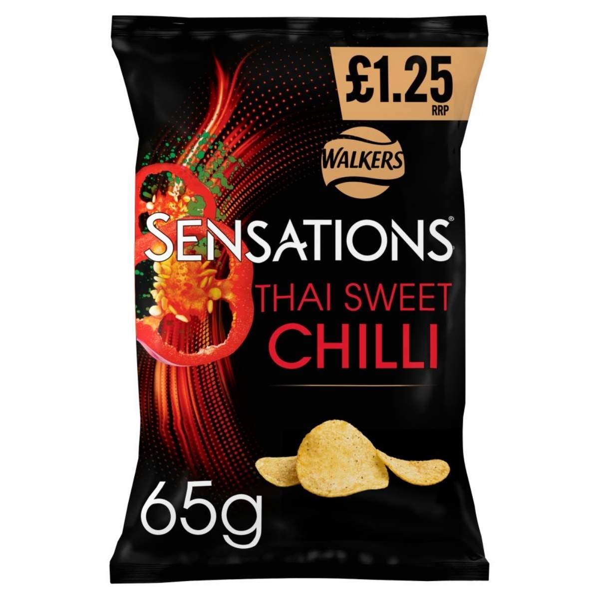 The 65g pack of Walkers Sensations Thai Sweet Chilli Crisps, costing £1.25, comes in an eye-catching black package decorated with images of crisps and chili peppers. Enjoy this vegetarian snack that offers a natural taste experience without any artificial colors.