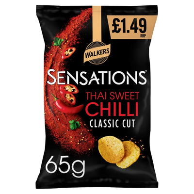 A 65g bag of Walkers Sensations Thai Sweet Chilli Crisps by Walkers, priced at £1.49, showcases vibrant chillies, flavourful seasoning, and classic cut potato crisps on a sleek black background.