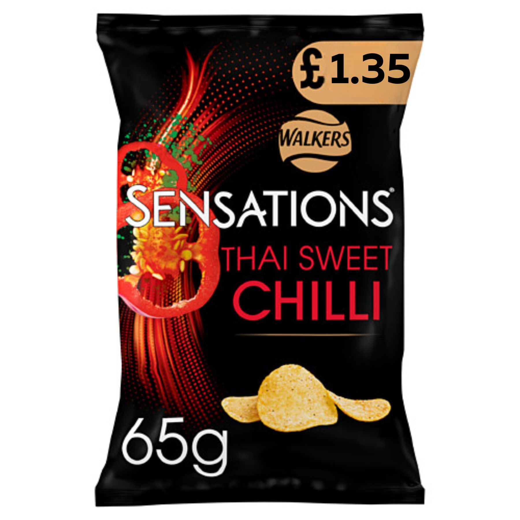 A 65g bag of Walkers Sensations Thai Sweet Chilli Crisps with a £1.35 price label in the top right corner.