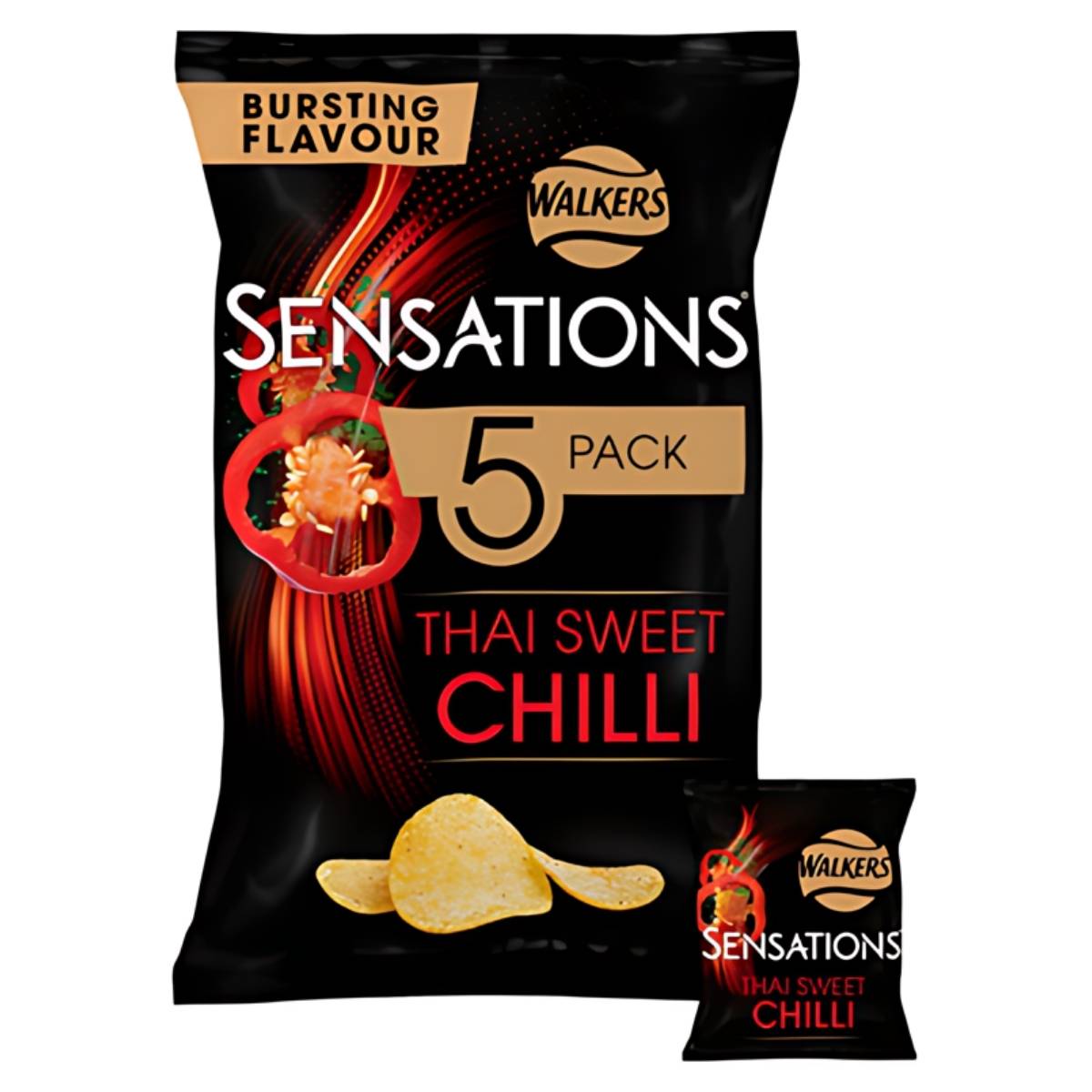 The Walkers Sensations Thai Sweet Chilli Crisps Multipack, which includes 5 individual 25g bags, is perfect for on-the-go snacking. Its packaging highlights an appealing image of crisps with vibrant chili peppers, offering a taste of exotic flavors in each bite.