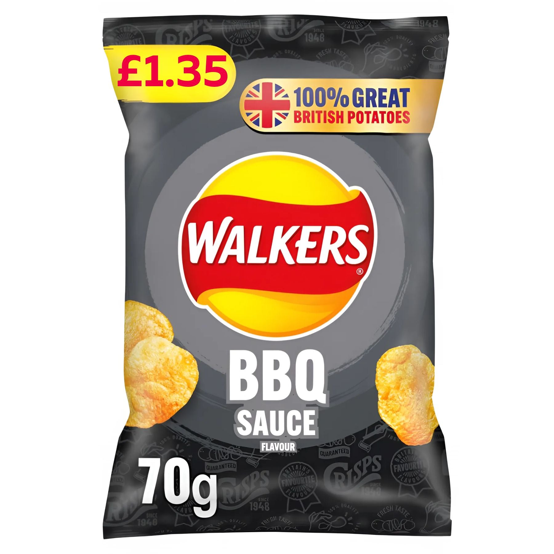 A 70g bag of Walkers - Smokin BBQ Sauce Flavour Crisps with the Walkers logo, £1.35 price label, British flag, and “100% Great British Potatoes” on the pack—enjoy smoky flavour in every crunchy bite!.
