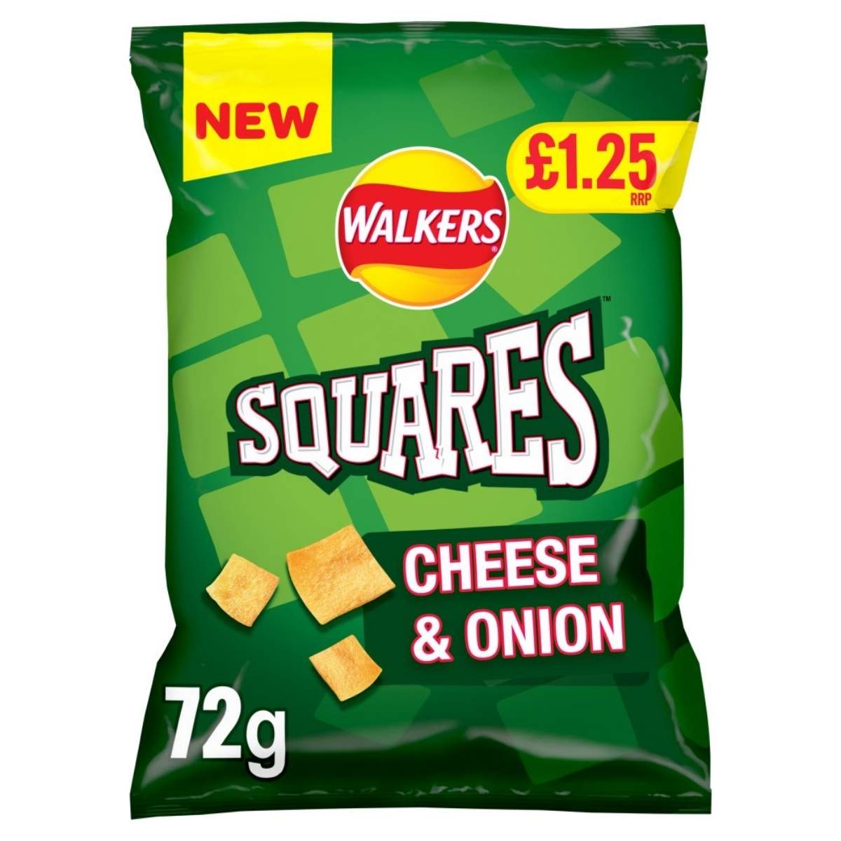 Try the Walkers Squares Cheese and Onion Snacks, a vegetarian-friendly option in a green bag, weighing 72g and available for £1.25.