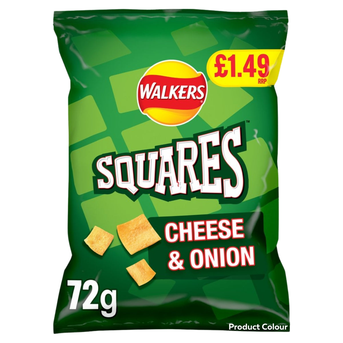 A 72g bag of Walkers Squares Cheese & Onion crisps. The packaging is predominantly green with a lighter green geometric pattern, featuring the red and yellow Walkers logo, large white 'SQUARES' branding, and images of golden-brown potato chips.