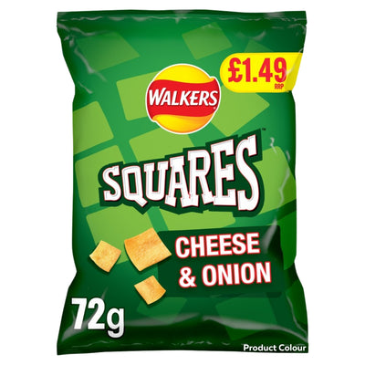 A 72g bag of Walkers Squares Cheese & Onion crisps. The packaging is predominantly green with a lighter green geometric pattern, featuring the red and yellow Walkers logo, large white 'SQUARES' branding, and images of golden-brown potato chips.