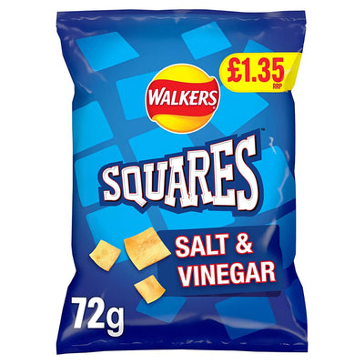 A 72g pack of Walkers - Squares Salt & Vinegar Snacks, featuring a blue background and a £1.35 price label in the top right corner.