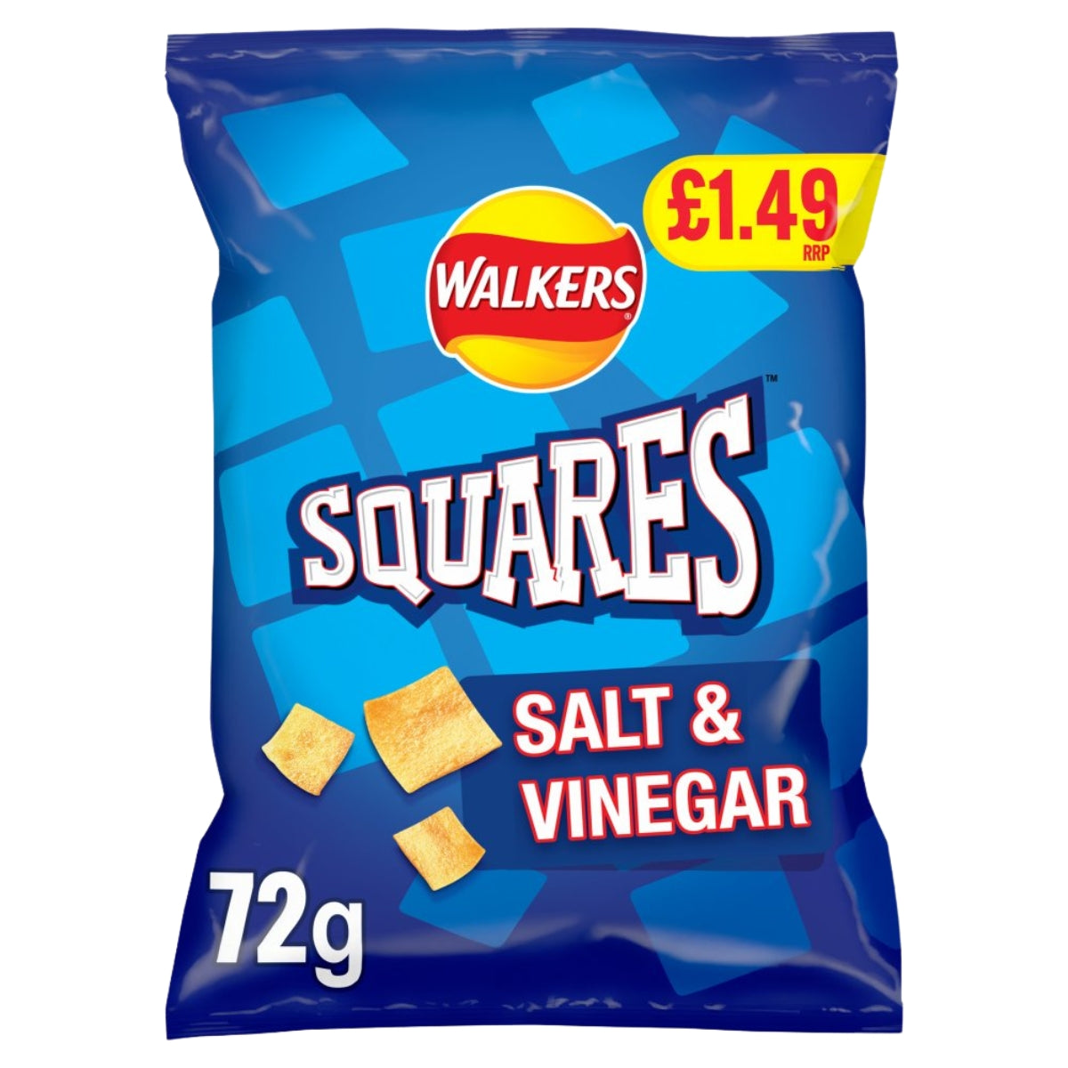 A 72g bag of Walkers Squares Salt & Vinegar Snacks featuring a blue design and a £1.49 price label in the top right corner.