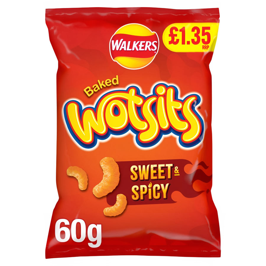 A 60g bag of Walkers Wotsits Baked Sweet & Spicy Corn Puffs, a tasty baked snack by Walkers, with a £1.35 price label on the top right corner.