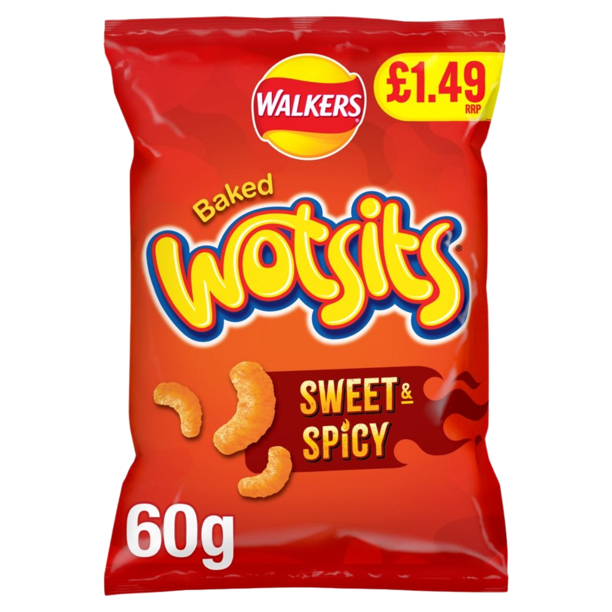 A red bag of Walkers - Wotsits Baked Sweet & Spicy Corn Puffs - 60g, which are sweet and spicy baked maize puffs.