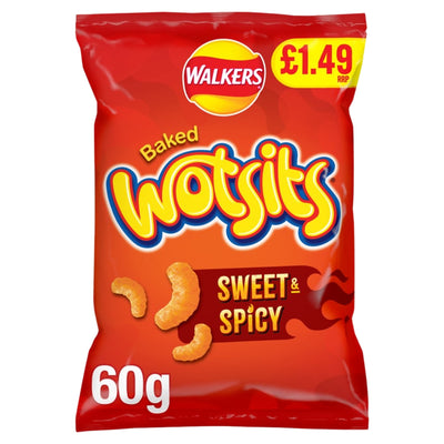 A red bag of Walkers - Wotsits Baked Sweet & Spicy Corn Puffs - 60g, which are sweet and spicy baked maize puffs.
