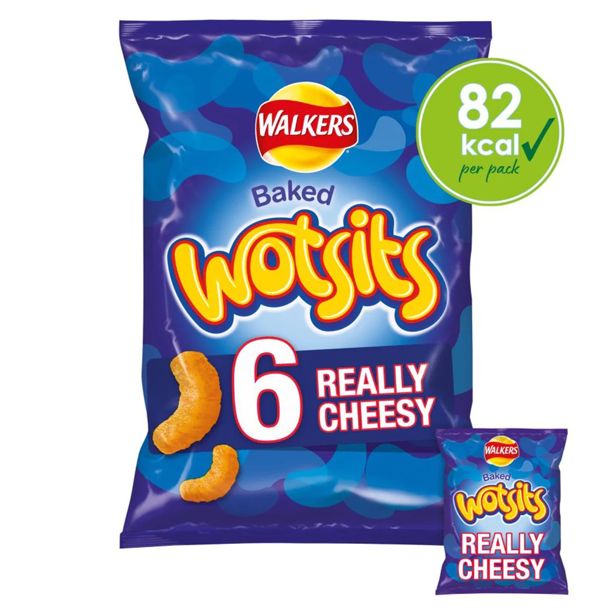 A pack of Walkers - Wotsits Cheese Snacks - 6x16.5g, highlighting 82 kcal per pack.