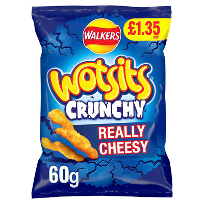 A 60g bag of Walkers Wotsits Crunchy Really Cheesy corn puffs, from Walkers, shown on a blue background with a £1.35 RRP label.