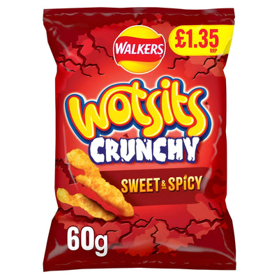 A 60g bag of Walkers Wotsits Crunchy Sweet & Spicy baked corn snacks features red packaging and a £1.35 RRP label.