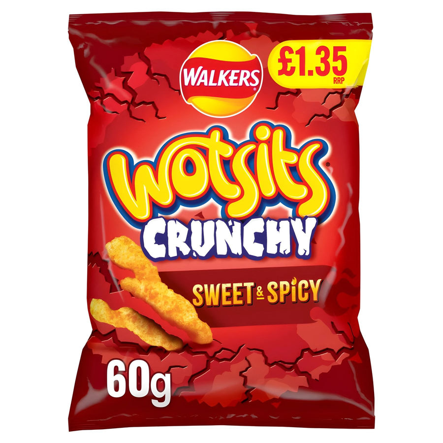 A 60g bag of Walkers Wotsits Crunchy Sweet & Spicy baked corn snacks features red packaging and a £1.35 RRP label.