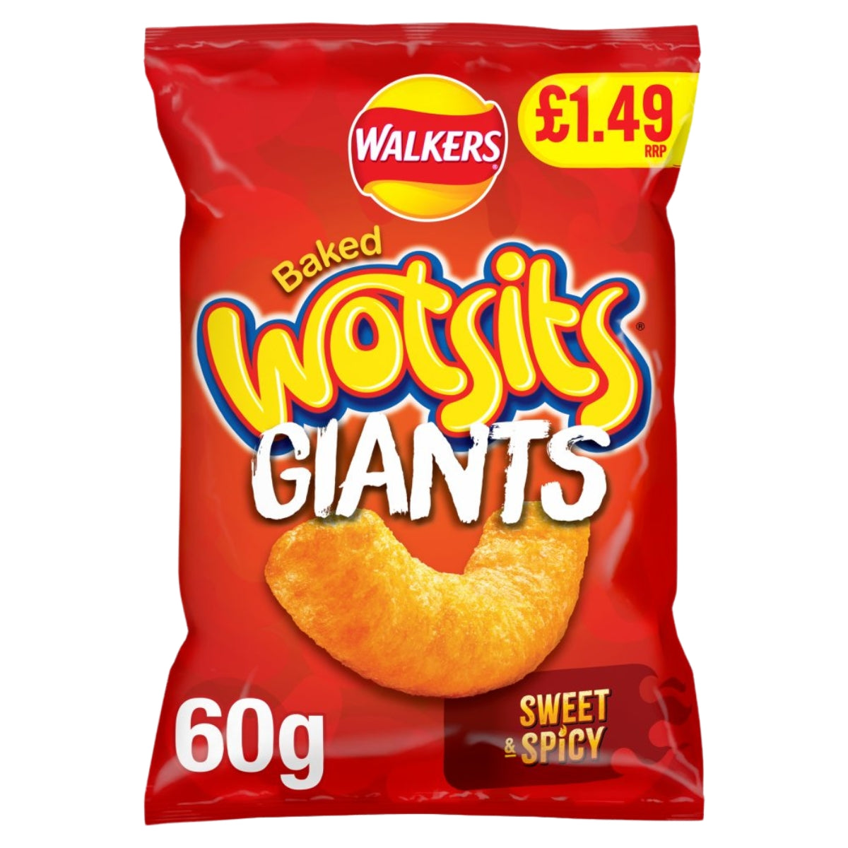 A 60g bag of Walkers Baked Wotsits Giants Sweet & Spicy chips on a plain white background.