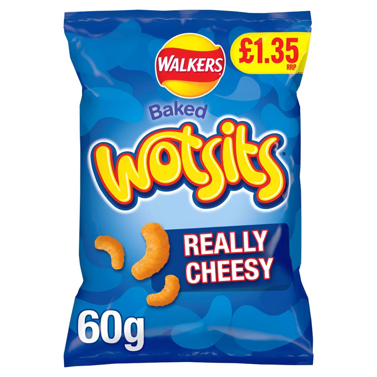 A 60g bag of Walkers - Wotsits Really Cheesy snacks with a £1.35 price on a blue background, featuring three cheesy snacks on the packaging to showcase their irresistible cheesy taste.