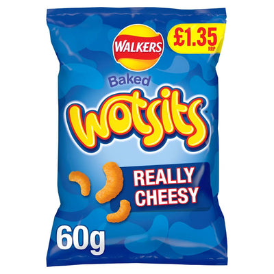 A 60g bag of Walkers - Wotsits Really Cheesy snacks with a £1.35 price on a blue background, featuring three cheesy snacks on the packaging to showcase their irresistible cheesy taste.