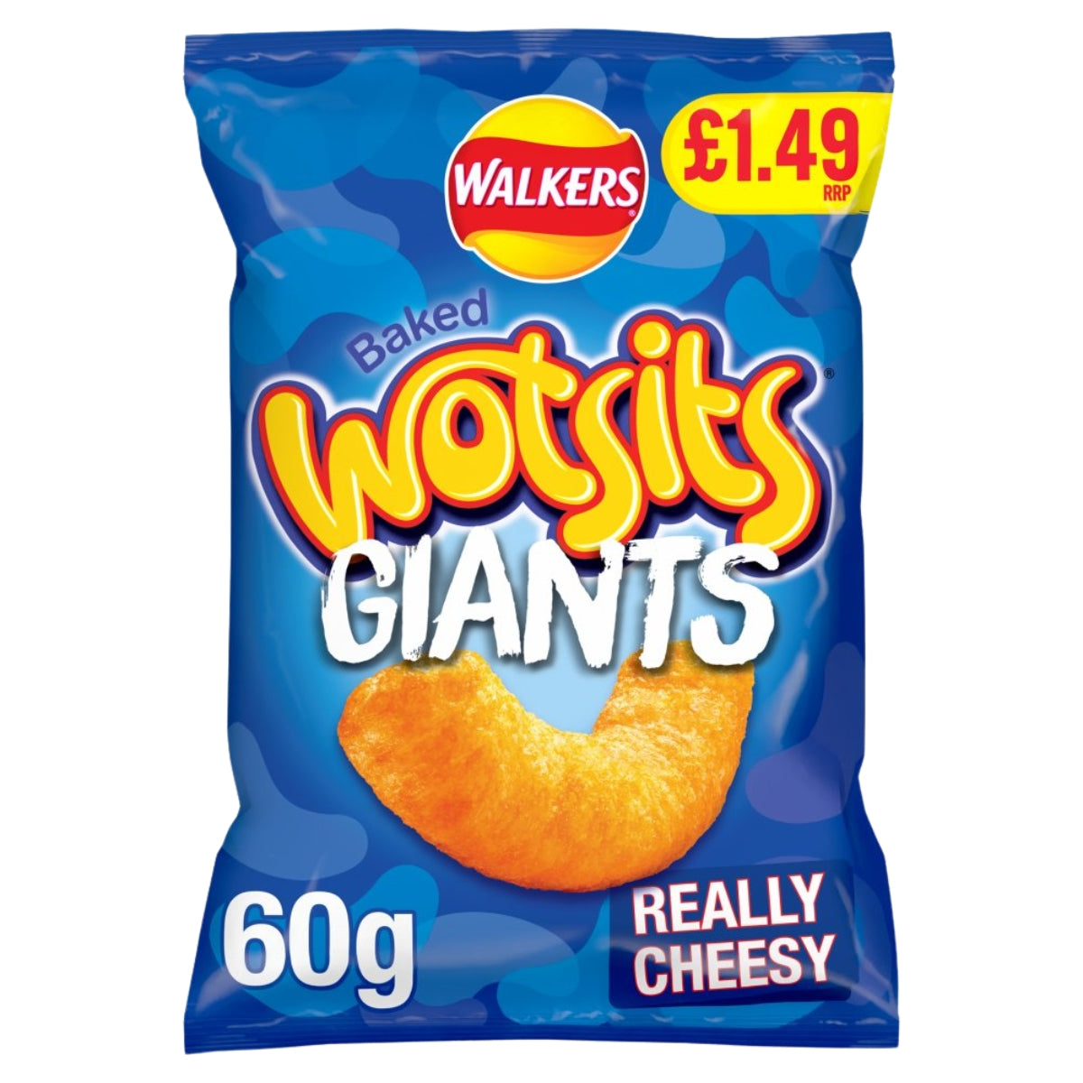 A 60g pack of Walkers Wotsits Really Cheesy snacks, baked not fried, with bold blue and yellow packaging and a £1.49 price label.