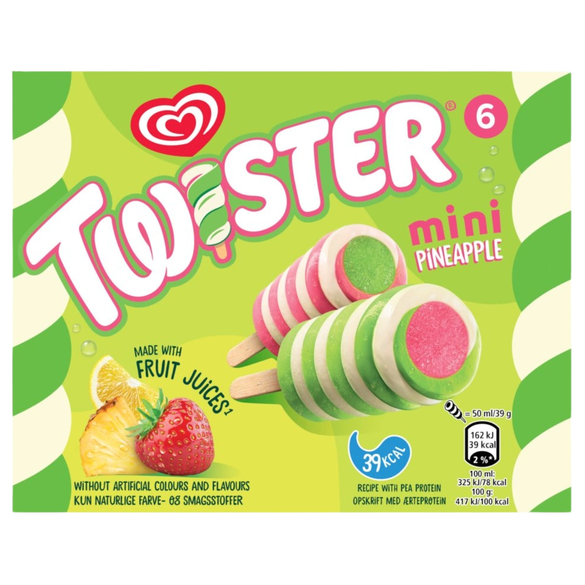 Twister mini pineapple ice cream pops in a green and white cardboard box. The packaging features the Twister logo, illustrations of pineapple and strawberry, and images of the pink, green, and white striped ice cream pops.
