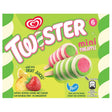 Twister mini pineapple ice cream pops in a green and white cardboard box. The packaging features the Twister logo, illustrations of pineapple and strawberry, and images of the pink, green, and white striped ice cream pops.
