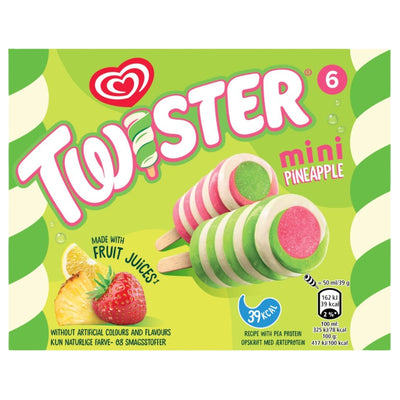 Twister mini pineapple ice cream pops in a green and white cardboard box. The packaging features the Twister logo, illustrations of pineapple and strawberry, and images of the pink, green, and white striped ice cream pops.
