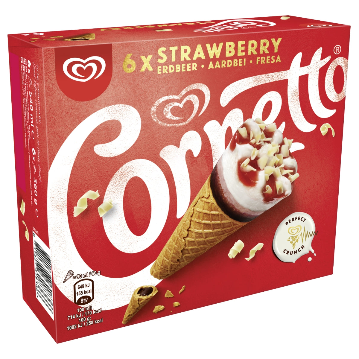 A box of Cornetto Strawberry ice cream, showing 6 individual servings. The packaging is predominantly red with a large white Corvetto logo, a graphic of a strawberry ice cream cone, and a 'Perfect Crunch' badge.