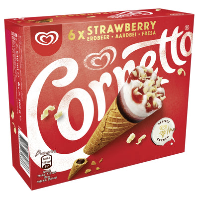 A box of Cornetto Strawberry ice cream, showing 6 individual servings. The packaging is predominantly red with a large white Corvetto logo, a graphic of a strawberry ice cream cone, and a 'Perfect Crunch' badge.