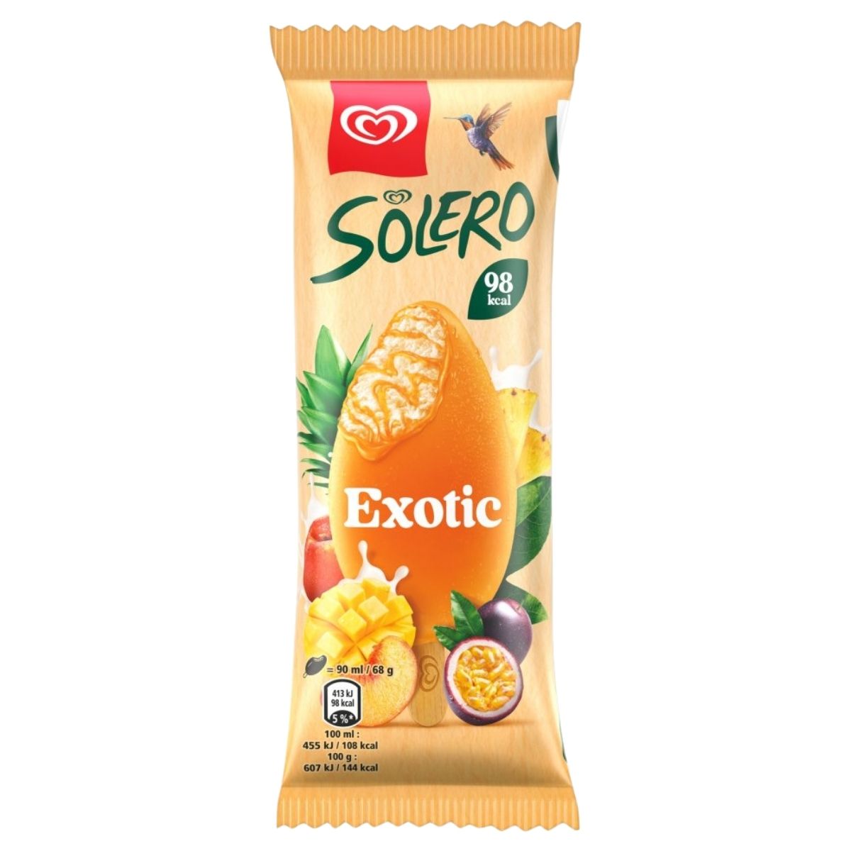 Solero Exotic juice pack with fruit illustrations on a white background