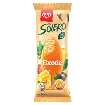 Solero Exotic juice pack with fruit illustrations on a white background
