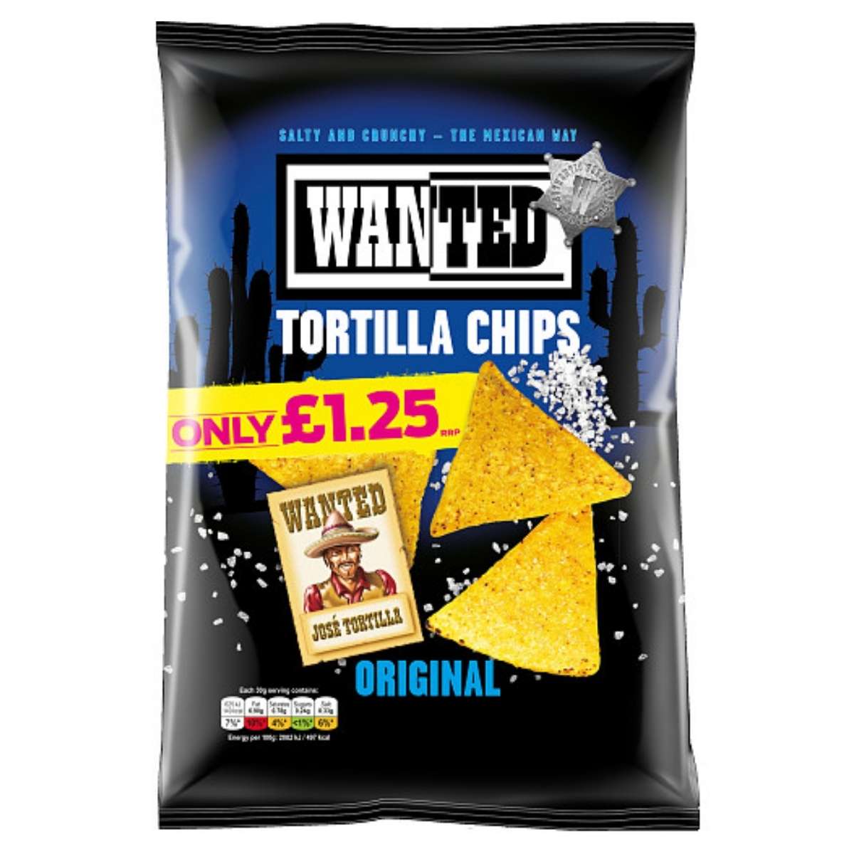 A 125g bag of Wanted Original Tortilla Chips Salt is priced at £1.25 and showcases triangular chips on a western-themed package design.