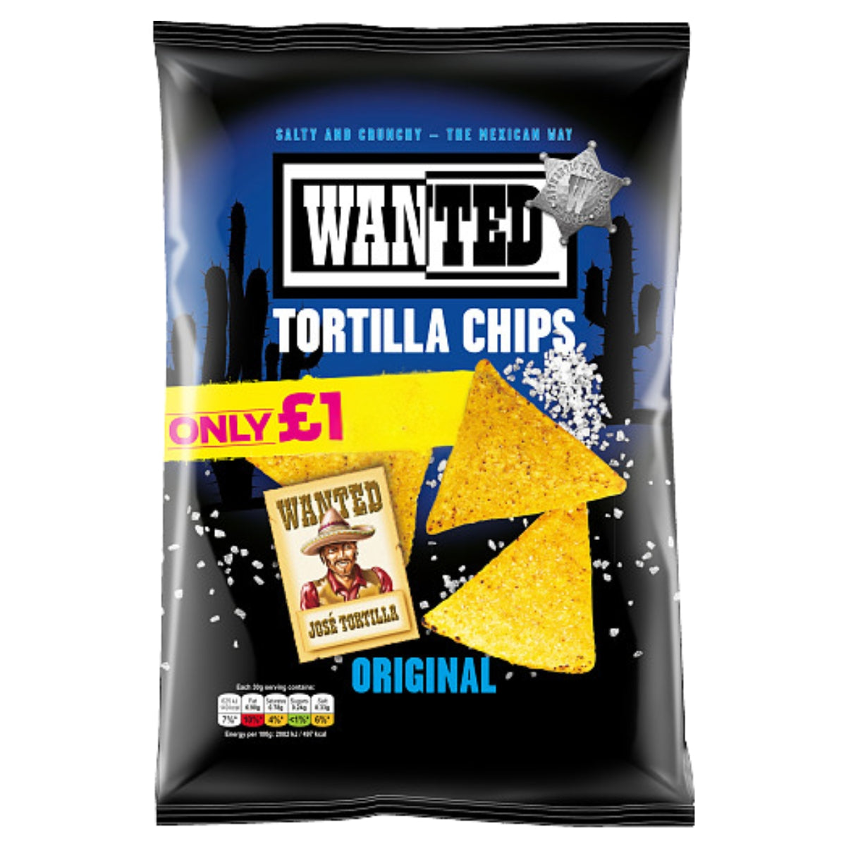 A black bag of Wanted - Original Tortilla Chips Salt (100g) by Wanted, a savoury snack featuring two crispy tortilla chips, a cartoon cowboy illustration, and a yellow "ONLY £1" price label on the front.