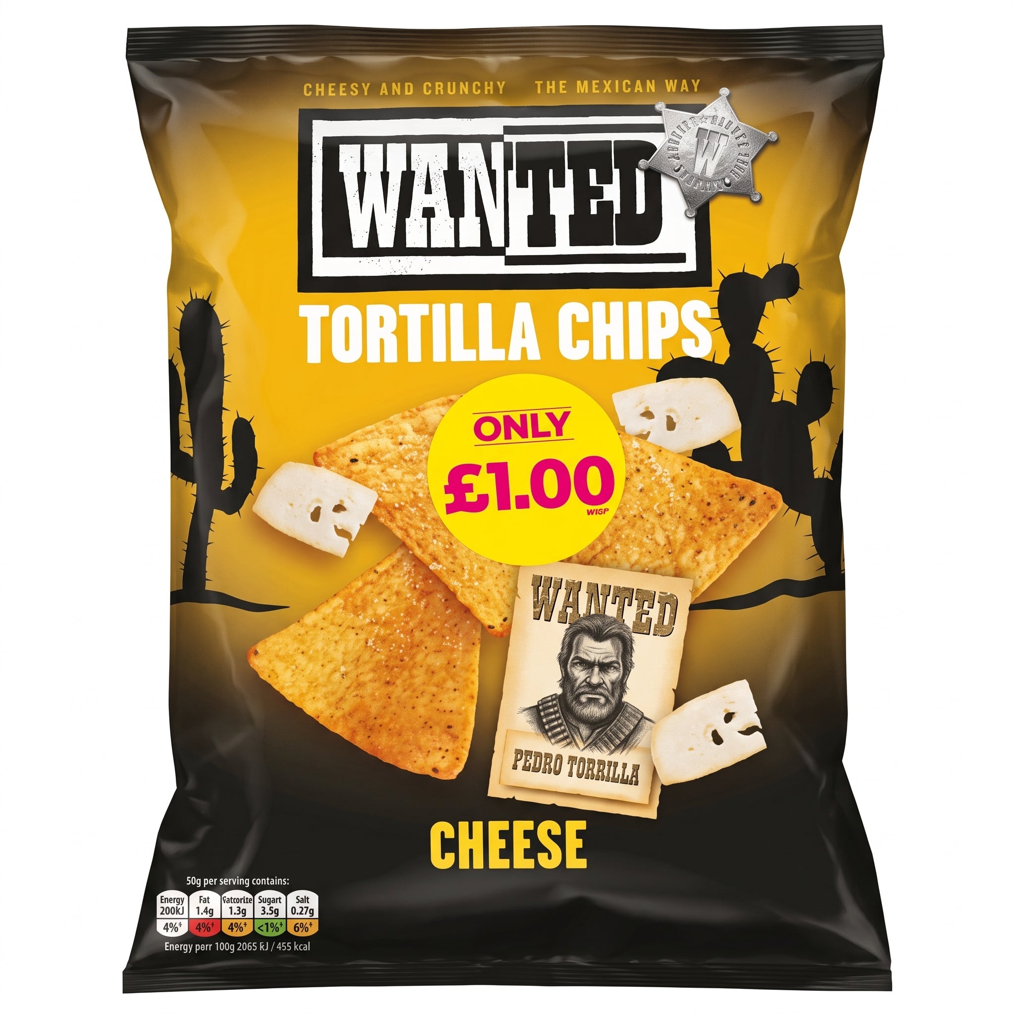 A 100g bag of Wanted Tortilla Chips Cheese, featuring a vibrant yellow background with cactus silhouettes and a cartoon wanted poster, plus a £1.00 price label—ideal for anyone craving classic corn chips or a bold cheese-flavored snack.