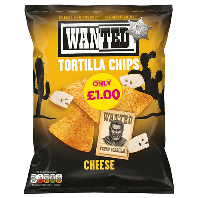 A 100g bag of Wanted Tortilla Chips Cheese, featuring a vibrant yellow background with cactus silhouettes and a cartoon wanted poster, plus a £1.00 price label—ideal for anyone craving classic corn chips or a bold cheese-flavored snack.