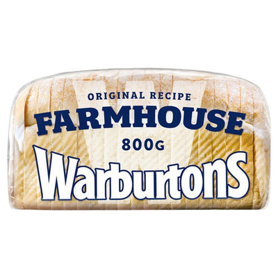 A loaf of Warburtons Farmhouse Soft Sliced Bread, 800g, in original branded packaging—classic thick-sliced bread perfect for sandwiches.