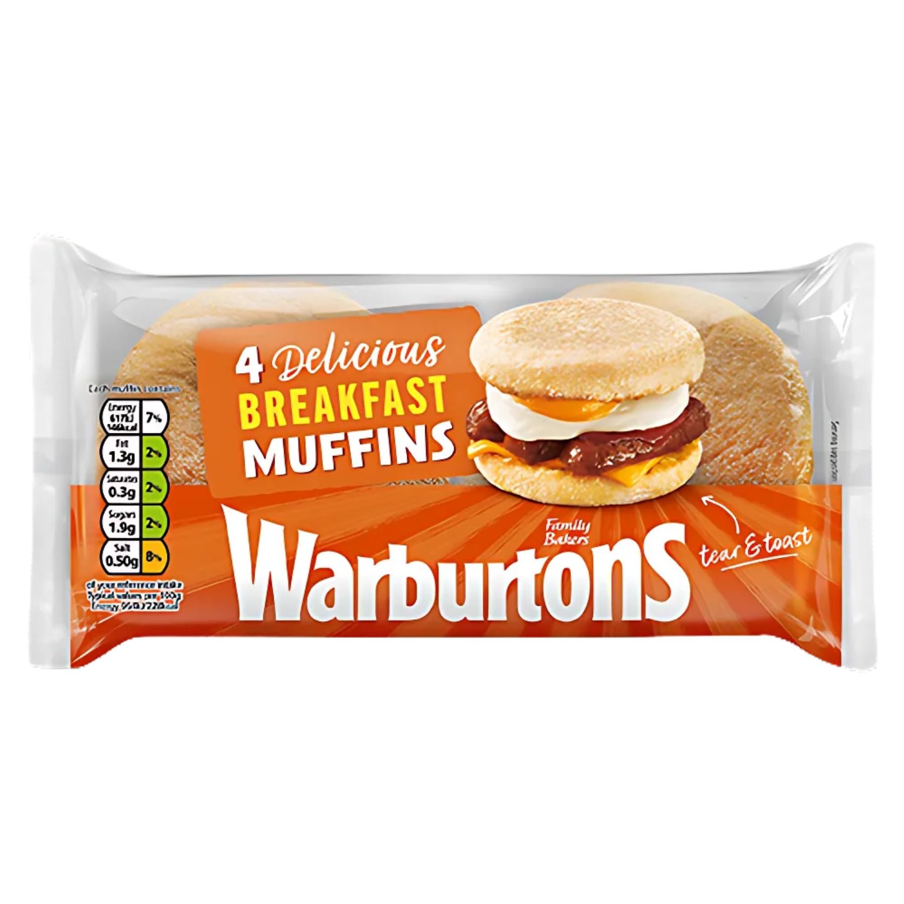 A pack of Warburtons Muffins - 4s, labeled as breakfast muffins, displays an image of a muffin filled with egg and sauce on the front.