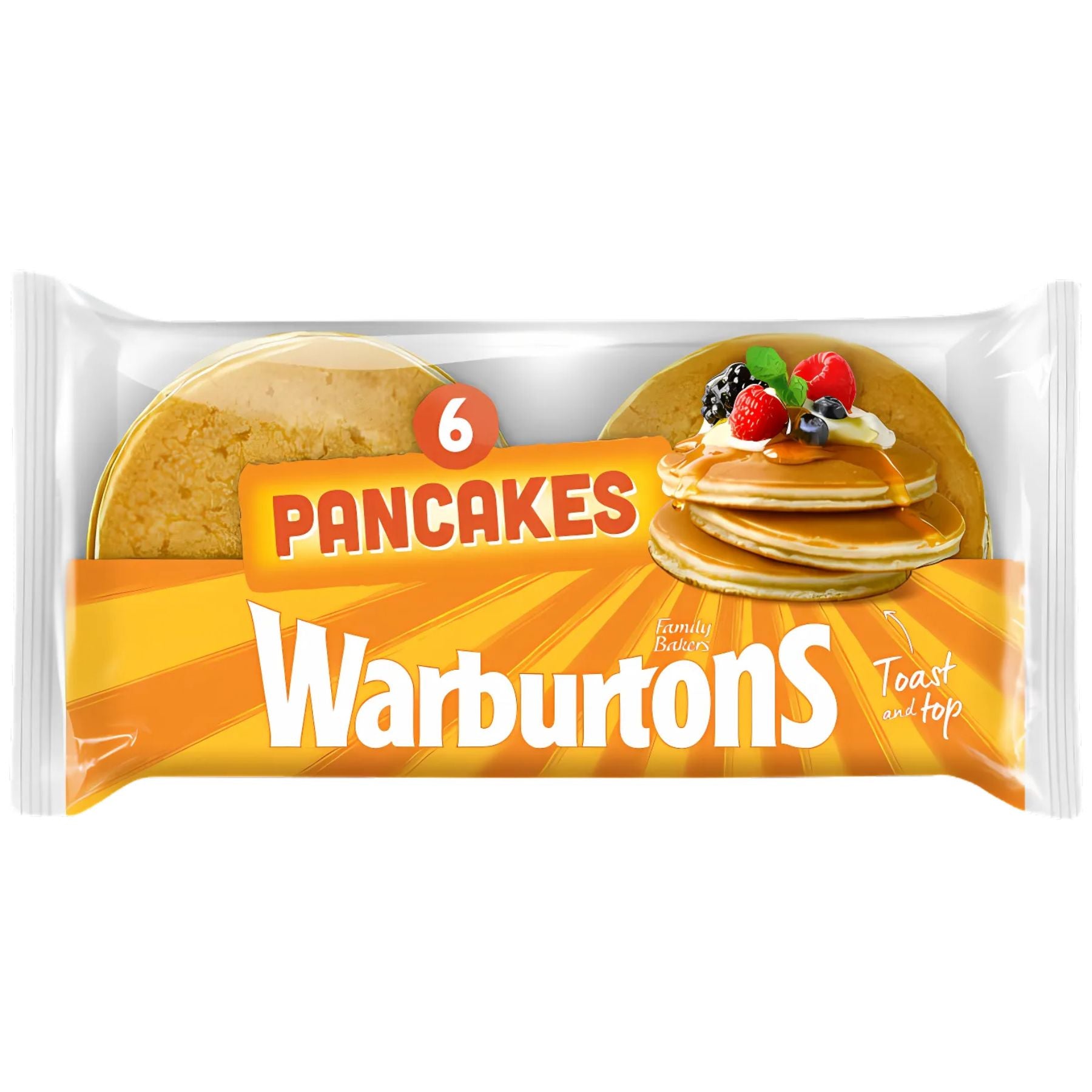 Warburtons Pancakes - 6 Pack: fluffy pancakes in packaging featuring pancakes topped with fruit.