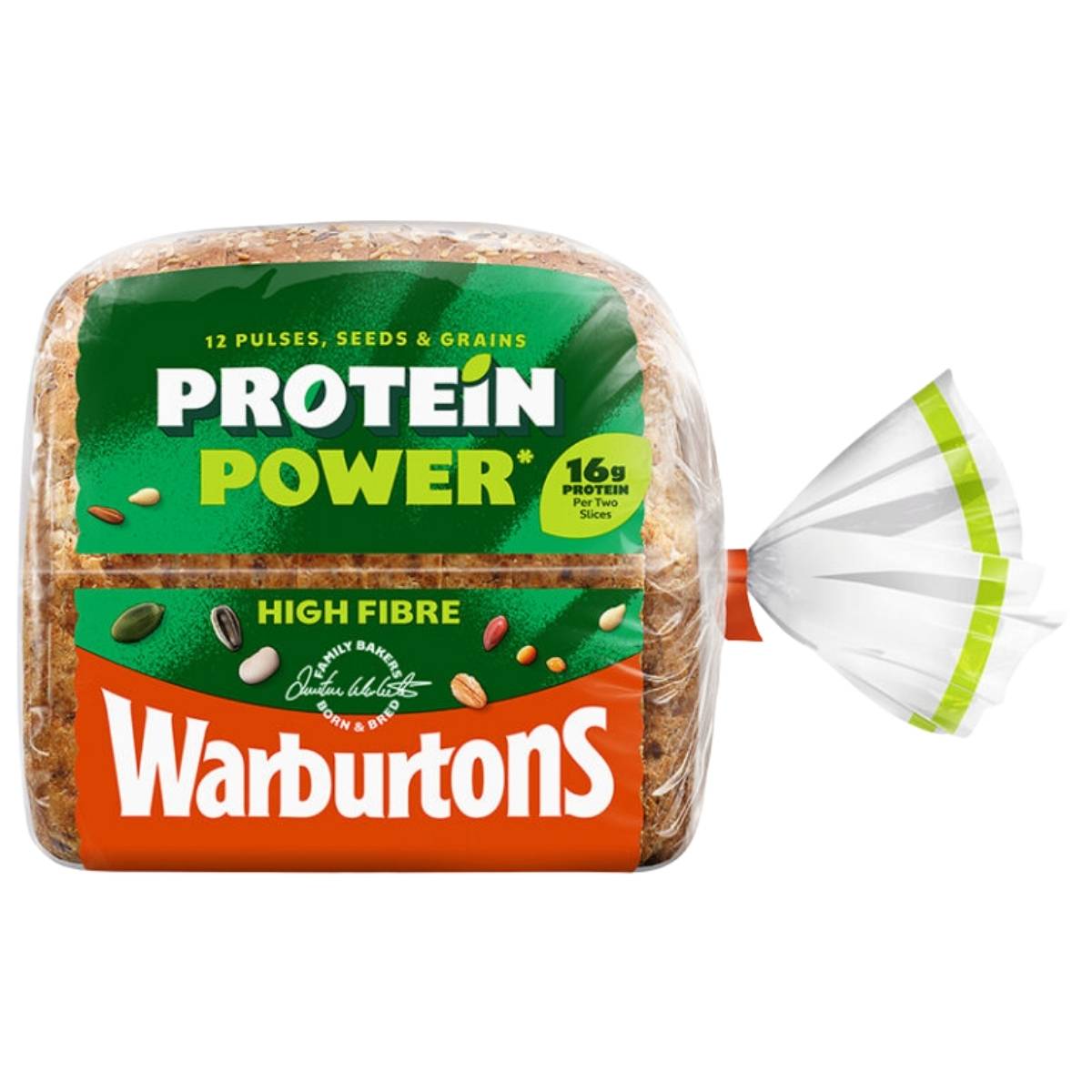 Warburtons Protein Power 500g is a high-protein loaf labeled "High Fibre" and "16g protein per 2 slices," featuring images of pulses, seeds, and grains.