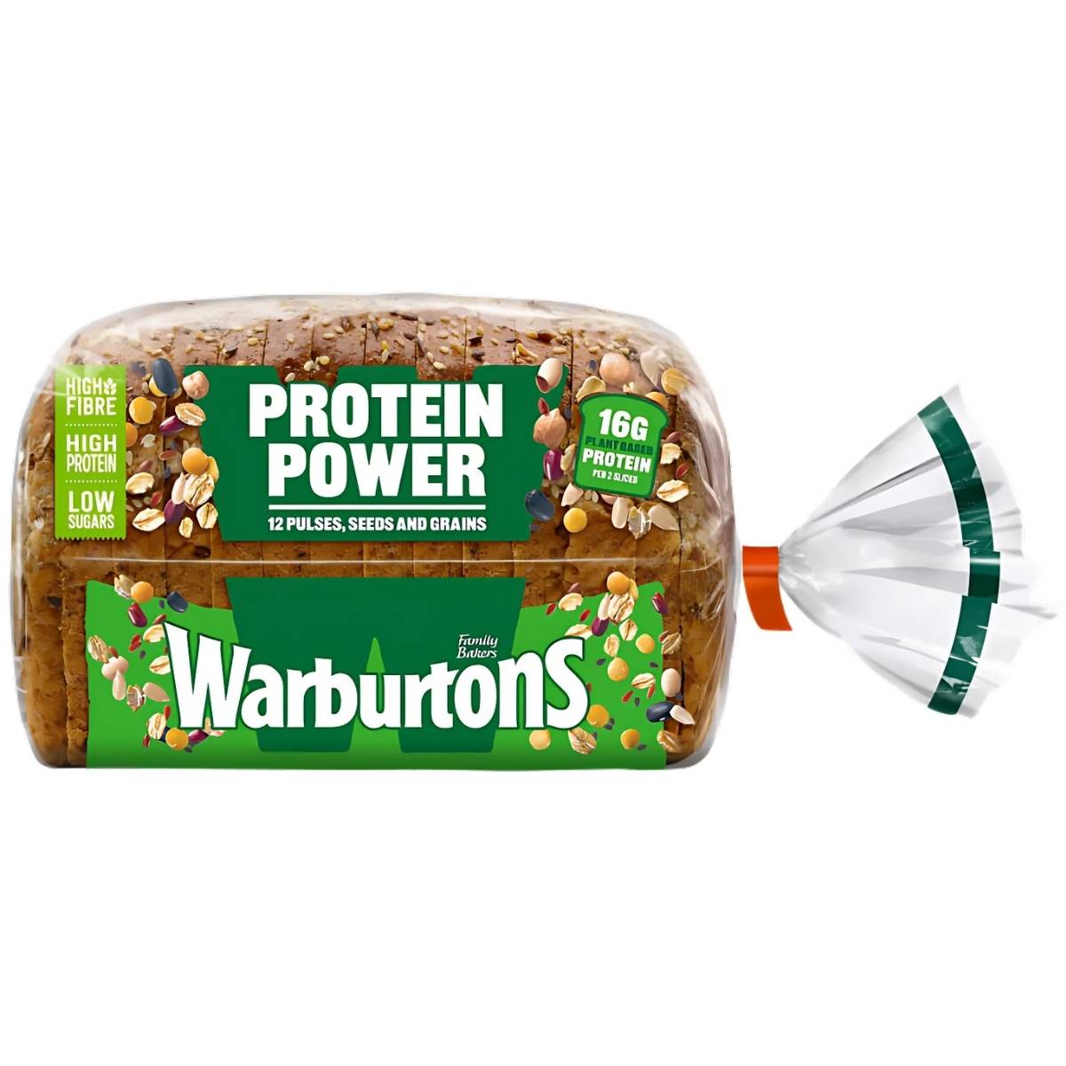 The Warburtons - Protein Power - 700g loaf in its packaging is an excellent choice for a nutritious breakfast. Highlighted on the front, it includes "12 pulses, seeds and grains," is "high in fibre," has "low sugars," and provides an impressive "16g protein per 100g.