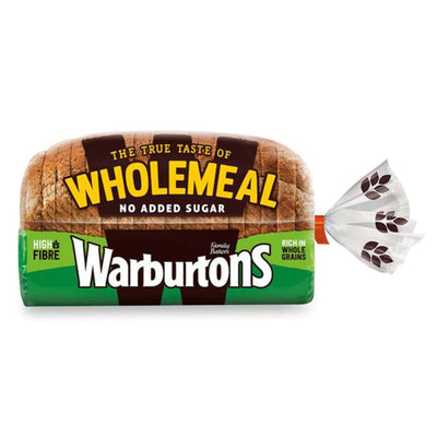 A loaf of Warburtons Sugar Free Wholemeal Bread (800g) in green and brown packaging, labeled "High fibre" and "Rich in whole grains.