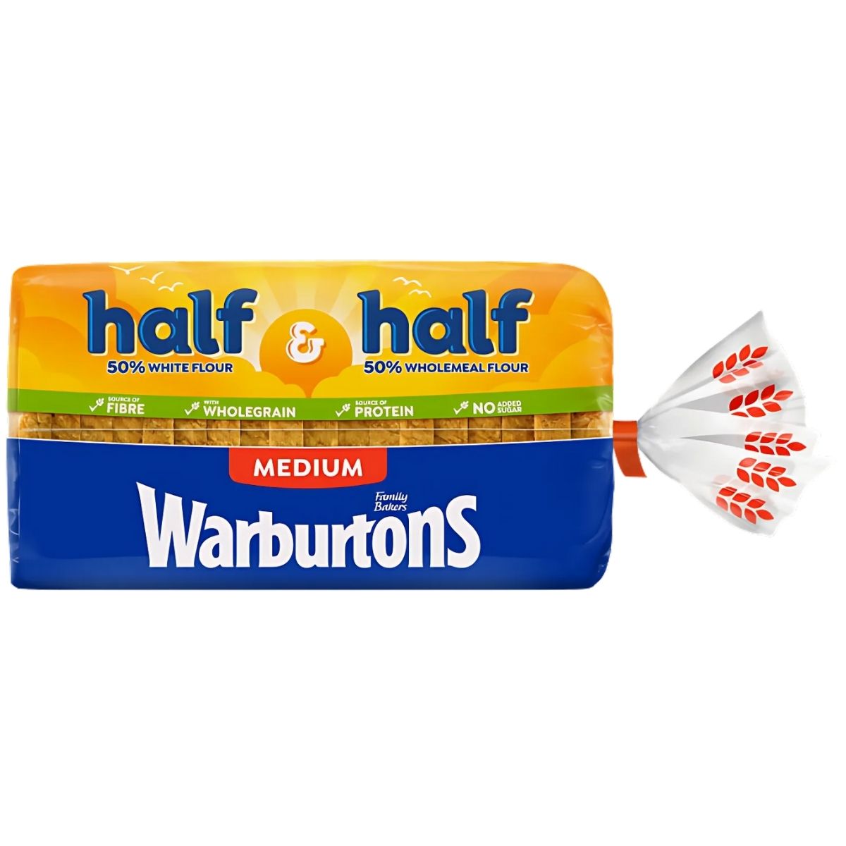 Experience the delightful taste of Warburtons Medium 50/50 Sliced Bread, ideal for any bread enthusiast. This 800g loaf is crafted from a premium combination of equal parts white and wholemeal flour, creating a perfect "half & half" balance.