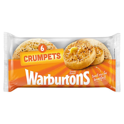 Warburtons Crumpets 6 Pack: Enjoy six classic crumpets from Warburtons with an orange label and images of tasty crumpets on the front.